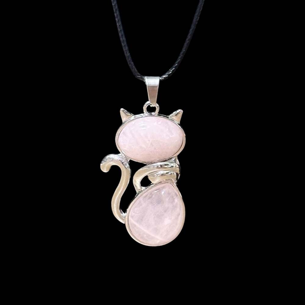 Rose Quartz Crystal Cat Pendant Black Cord Necklace